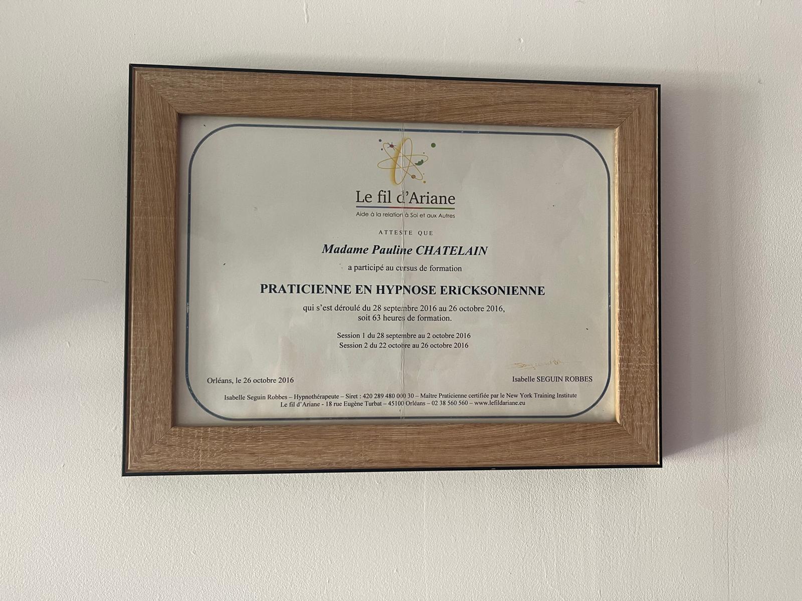 Diplôme Praticienne en Hypnose Ericksonienne - Le fil d'Ariane, Orléans 2016